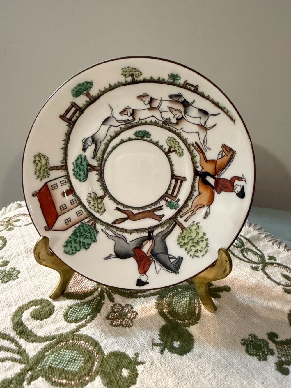 Vintage Hunting Scene Decorative Saucer - Cream with Green & Brown Accents